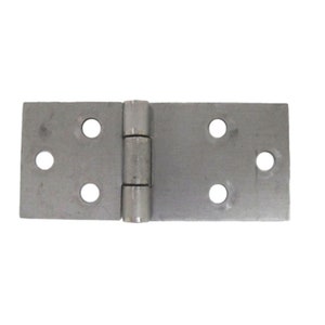May include: A silver metal hinge with four holes on each side. The hinge is closed.
