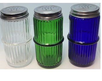 Clear Green or Blue Mission Style Glass Spice Jar with Lid - Hoosier, Sellers cabinet antique vintage rack old retro fancy decorative color