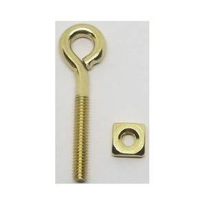 May include: A gold-colored eye hook with a square nut. The hook is attached to a threaded screw.