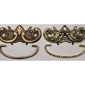 3&quot; Centers - Victorian Style Stamped Polish and Antiqued Brass Drawer Pull antique vintage fancy leaf leaves bail ring decor