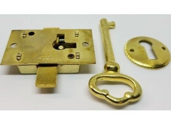 SMALL POLISHED BRASS Flush Mount Lock Set Kit Plated cupboard chest trunk desk drawer key hole cover