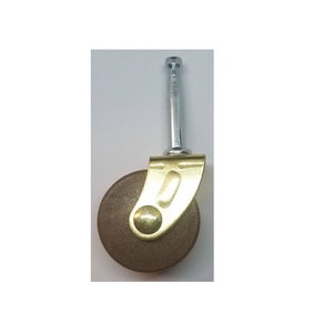 May include: A gold metal caster wheel with a brown wooden tread and a silver metal stem.