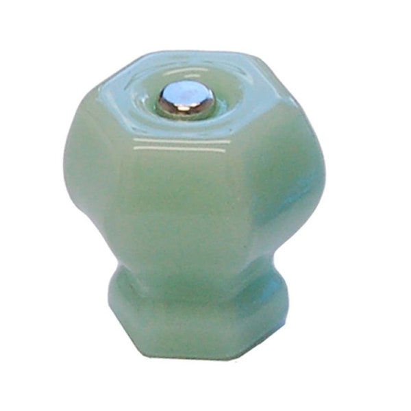 1-1/4" MILK GREEN JADE Hexagonal Glass Knob Hexagon antique vintage old retro pan Hoosier cupboard side door drawer cabinet