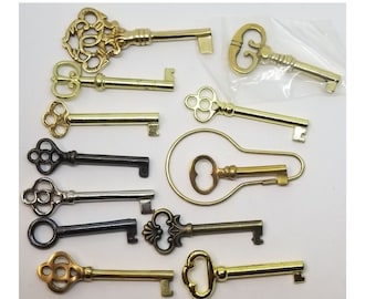 Sample set of 12 Skeleton keys (DOZEN) Polished Antique lock mortise vintage old decor ornament jewelry bank prop