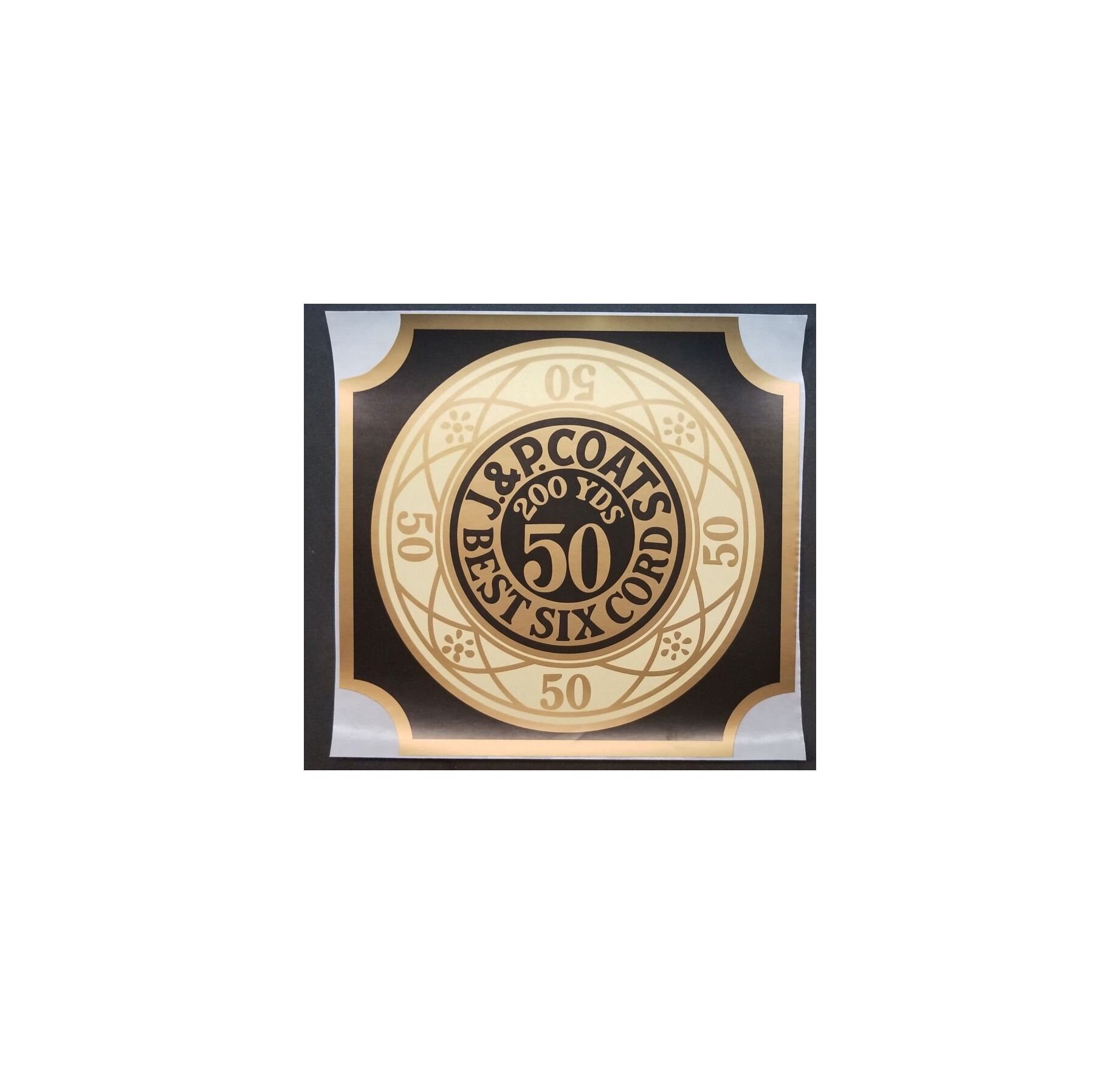 J & P COATS SPOOL CABINET DECALS 8 PIECE SET Black on Gold 9 1/2 X 1 11/16 