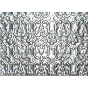 May include: Silver metallic embossed paper with a repeating pattern of stylized flowers and leaves.