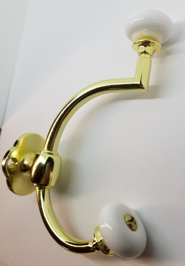 Bright Brass Double Front Mount Coat Hook Porcelain Knobs Old Etsy