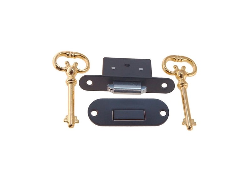Flat Black Brass Roll Top Desk Lock Set Rounded Oval Catch 2 Keys Vintage Old Retro Chest Trunk Box Case