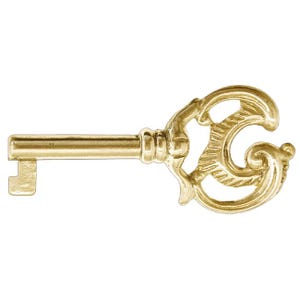May include: A gold-colored skeleton key with an ornate, decorative design. The key has a long stem, a rectangular bit, and a detailed bow featuring swirls and curves. The key is likely made of metal and is suitable for decorative purposes.