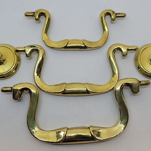 2.5, 3, 3.5&quot; Centers Antiqued Polished Brass QUEEN ANNE BAIL Pull Swan Neck handle knob drawer desk cabinet rustic vintage century modern