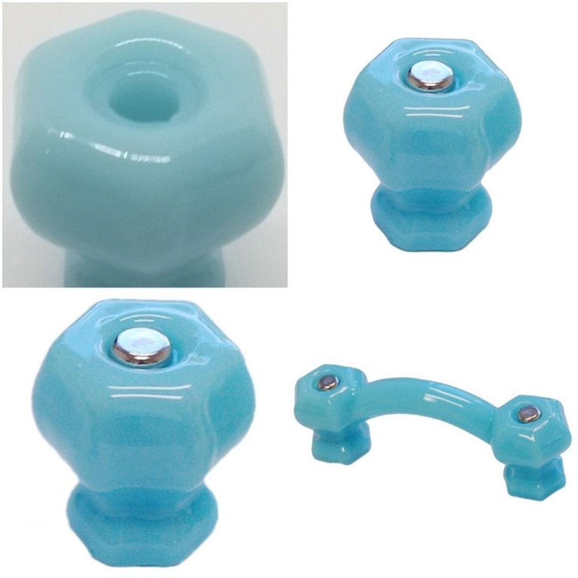 1-1/4 MILK BLUE HEXAGONAL teal Glass Knob Hexagon | Etsy
