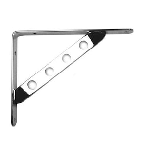 May include: A silver metal shelf bracket with five holes for mounting screws. The bracket is angled and has a smooth, polished finish.