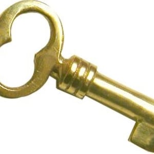 May include: A vintage-style brass key with a decorative bow and a rectangular bit. The key has a warm, golden hue and shows signs of wear, suggesting it is an antique or a replica of an older design.