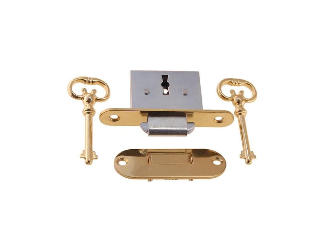 LACQUERED BRASS Roll Top Desk Lock Set Rounded Oval Catch 2 Keys Vintage Old Retro Chest Trunk