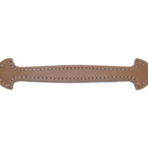 May include: A brown leather handle with a stitched design. The handle is about 5 inches long and 1 inch wide.