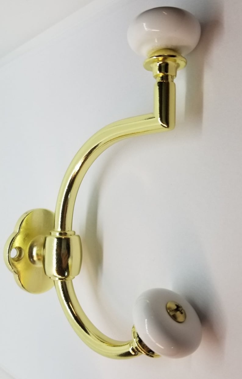 Bright Brass Double Front Mount Coat Hook Porcelain Knobs old classic vintage rack hat jacket