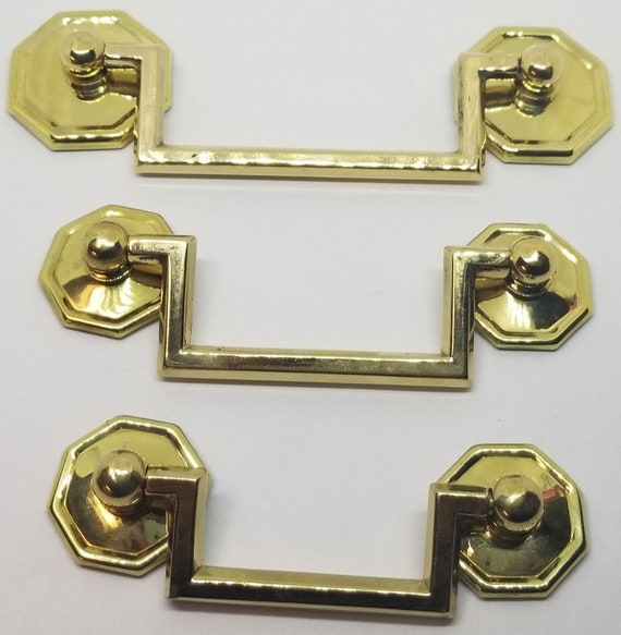 SMALL ANTIQUE BRASS 2.5 Centers Colonial Revival Drawer Pull Square Handles Hexagonal Posts