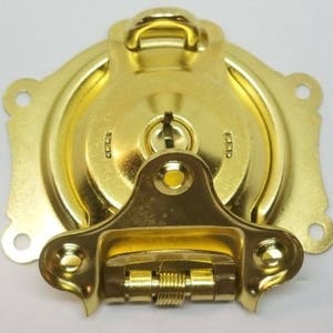 Brass Trunk Lock - Steamer chest, vintage, old, key, restore, antique rustic retro refinish bright gold image 3
