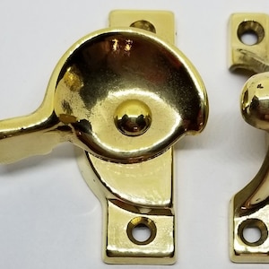 Decorative Solid Polished Brass Heavy Duty Spring Loaded Window Sash Lock Latch Square Cornered Catch century modern antique old vintage