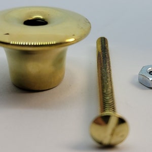 May include: A gold-toned cabinet knob with a round, slightly concave top and a small hole in the center. The knob comes with a matching gold screw and a silver nut.