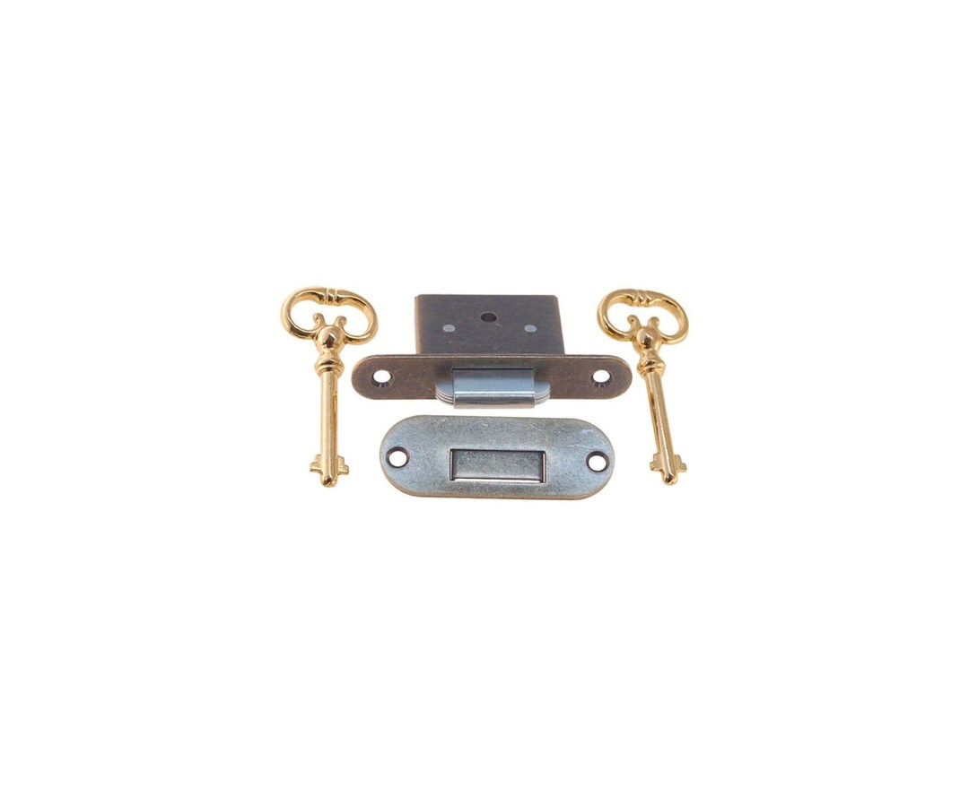 ANTIQUE BRASS Roll Top Desk Lock Set Rounded Oval Catch 2 Keys Vintage Old Retro Chest Trunk Box
