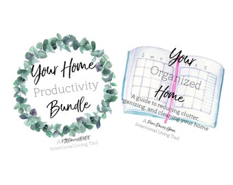May include: A watercolor illustration of a green leafy wreath with the text "Your Home Productivity Bundle" and a closed notebook with the text "Your Organized Home" and a guide to reducing clutter, organizing, and cleaning your home. A Pine Dairy House Intentional Living Tool.