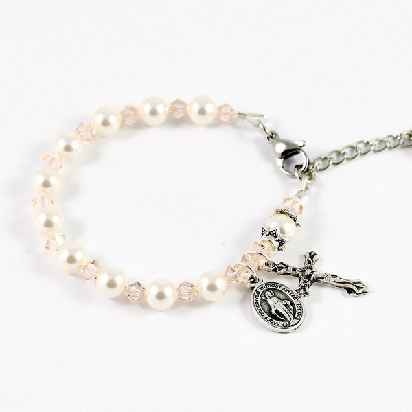 Swarovski Children Pearls Rosary Bracelet,Pearl Beaded Bracelet Girl Rosary Bracelet,First Communion Gift for Girl, Children Bracelet