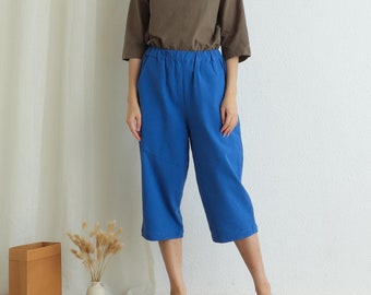 Women Summer Cotton Cropped pant wide leg Pant loose casual trousers plus size shorts Pockets beach boho Customized pant Linen Culottes
