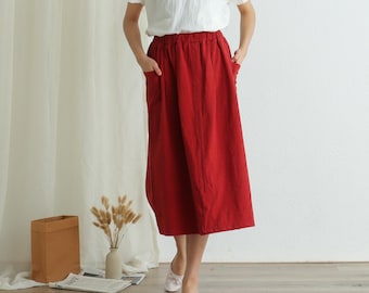 Summer Elastic Waist Cotton Skirt Casual Loose Skirts A-line Pleated Skirt Flared Midi Skirts Customized Plus Size Skirt Boho Linen