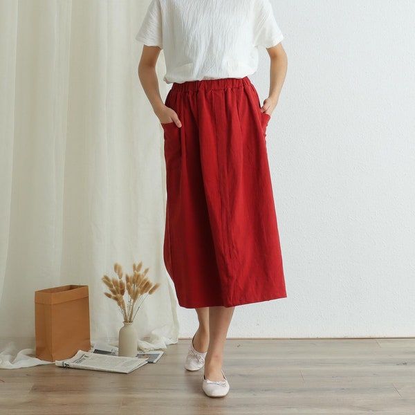 Summer Elastic Waist Cotton Skirt Casual Loose Skirts A-line Pleated Skirt Flared Midi Skirts Customized Plus Size Skirt Boho Linen