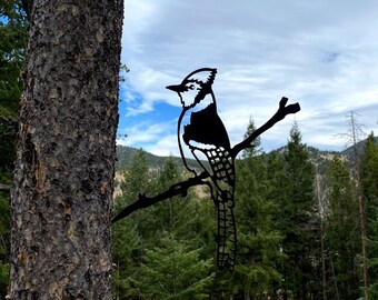 Metal Blue Jay on a Branch - Tree Bird Hammer-in Outdoor Backyard Art
