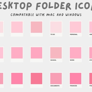 May include: A set of 15 pink folder icons for desktop use. The icons are labeled with categories such as "To Do", "Personal", "Assignments", "School", "Work", "Other", "Documents", "Finances", and "Photos".