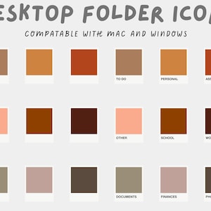 Puede incluir: Nueve iconos de carpetas coloridos para la organización del escritorio. Los iconos están en una cuadrícula de tres filas y tres columnas. Los colores son marrón, naranja, rojo, rosa, marrón oscuro, rosa claro, gris, marrón claro y gris oscuro. Los iconos están etiquetados con el siguiente texto: Por hacer, Personal, Tareas, Otros, Escuela, Trabajo, Documentos, Finanzas, Fotos.