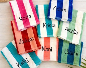 Personalized Embroidered Beach Towel – Custom Name Striped Cabana Pool Towel