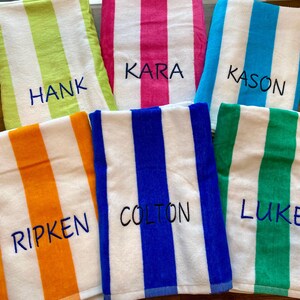 personalized embroidered beach towel, striped cabana towel