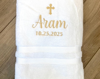 Personalized Baptism Towel: Embroidered Orthodox Cross, Custom Christening Gift