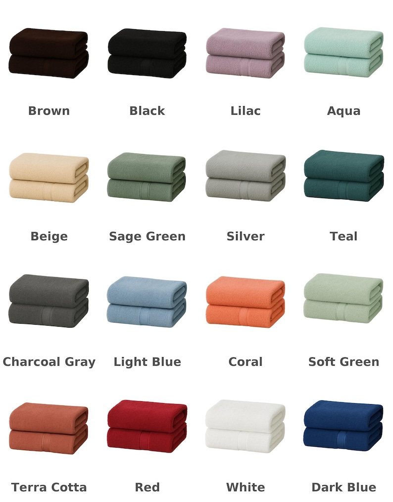 May include: A grid of sixteen folded rectangular towels in various colours including brown, black, lilac, aqua, beige, sage green, silver, teal, charcoal grey, light blue, coral, soft green, terra cotta, red, white, and dark blue with text labels.