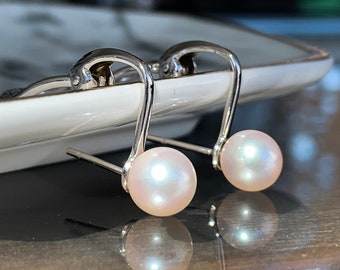 Ladies 14KT White Gold Classic Pearl Drop Earrings * Gift for Her * Solid Gold * Bridal Gift * Bridesmaid Gift