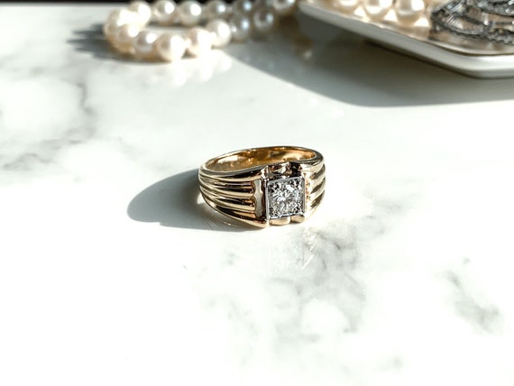 Mens Wedding Band * Vintage Diamond Ring * 14KT Ye