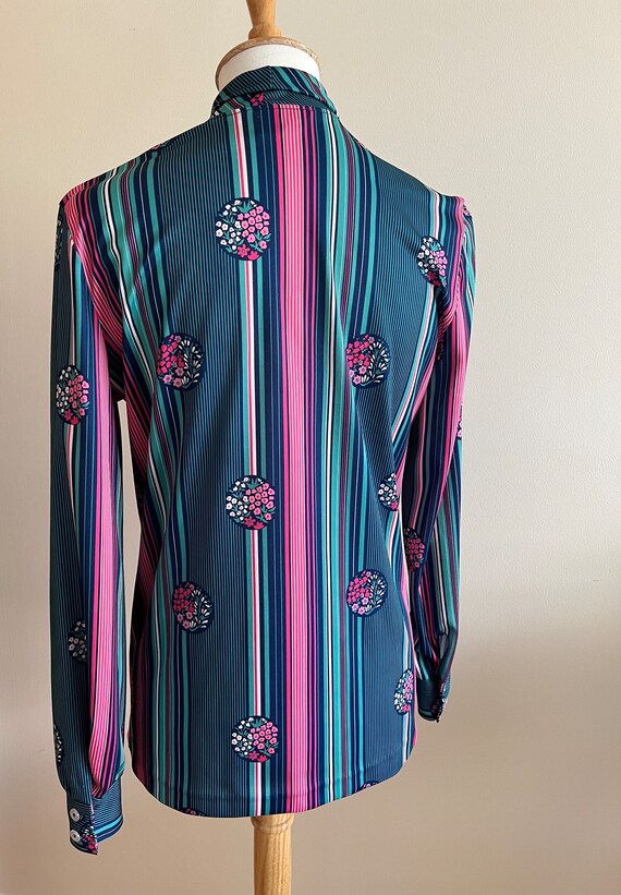 Vintage 1970s DEVON Teal & Pink Striped Floral Bl… - image 6