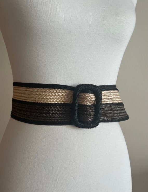 Vintage 1970s Two Tone Colorblock Raffia Wide Belt