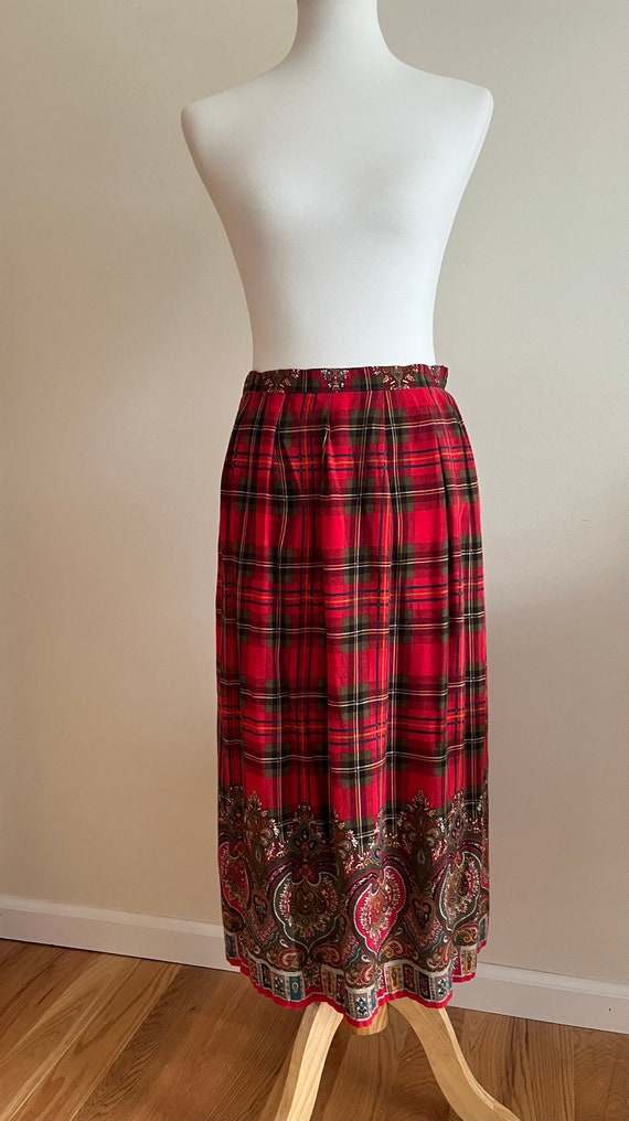 Vintage 1980s RUSS Red Plaid Paisley Midi Skirt