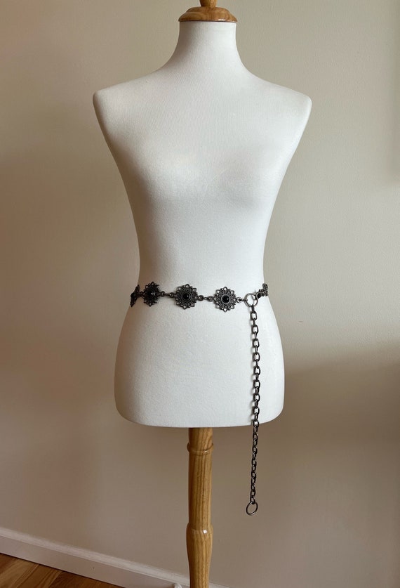 Vintage 1990s Black and Silver Metal Medallion Charm Chain Belt