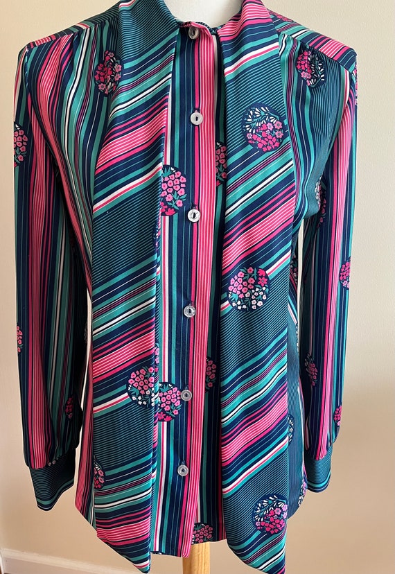 Vintage 1970s DEVON Teal & Pink Striped Floral Bl… - image 9