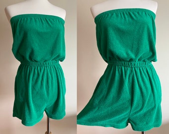 Vintage 1980s EPITOME Bright Kelly Green Terrycloth Swim Coverup Romper Playsuit