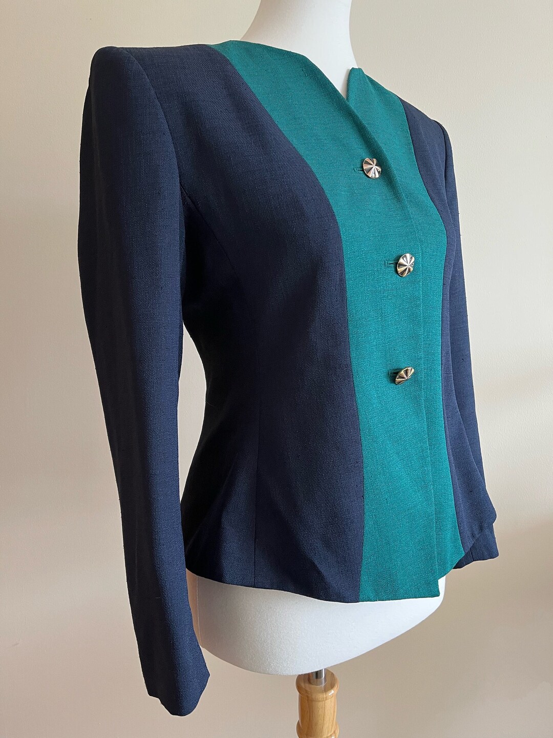 Vintage 1980s KASPER Colorblock Navy Blue and Teal Green Cropped Blazer ...