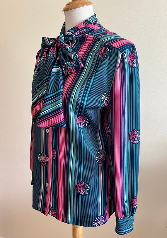 Vintage 1970s DEVON Teal & Pink Striped Floral Bl… - image 4