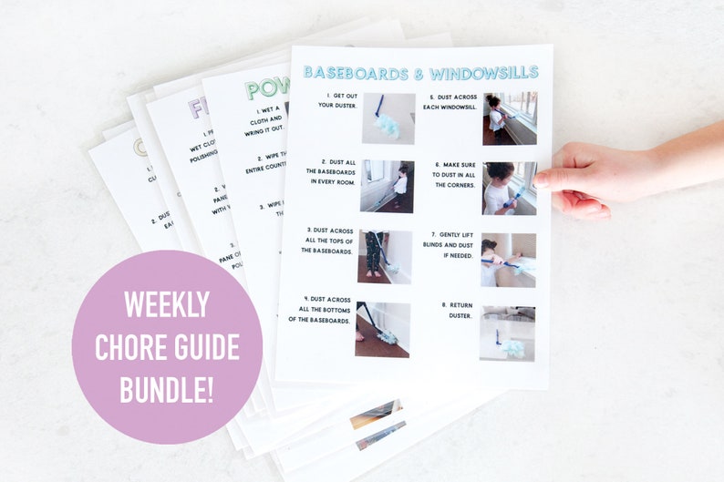 May include: A printable chore guide bundle for kids. The guide includes a checklist for cleaning baseboards and windowsills. The checklist includes images of a child using a duster to clean the baseboards and windowsills.