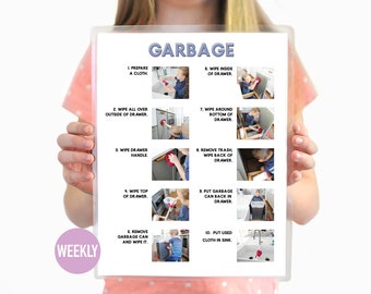 May include: A printable checklist with illustrations showing how to clean a garbage drawer. The checklist is titled "GARBAGE" and includes steps like "Prepare a cloth", "Wipe all over outside of drawer", "Wipe drawer handle", "Wipe top of drawer", "Remove garbage can and wipe it", "Wipe inside of drawer", "Wipe around bottom of drawer", "Remove trash, wipe back of drawer", "Put garbage can back in drawer", and "Put used cloth in sink".