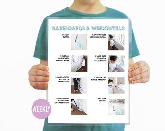 Baseboards and Windowsills Dusting Step-By-Step Visual Aid - Cleaning Chore Guides- Green Living- Independent Living Skills- Chore Chart